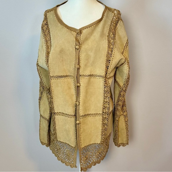 SMH Boutique Jackets & Blazers - Vintage Rare SMH Women's Tan Suede Crochet-Trim Button Front Jacket